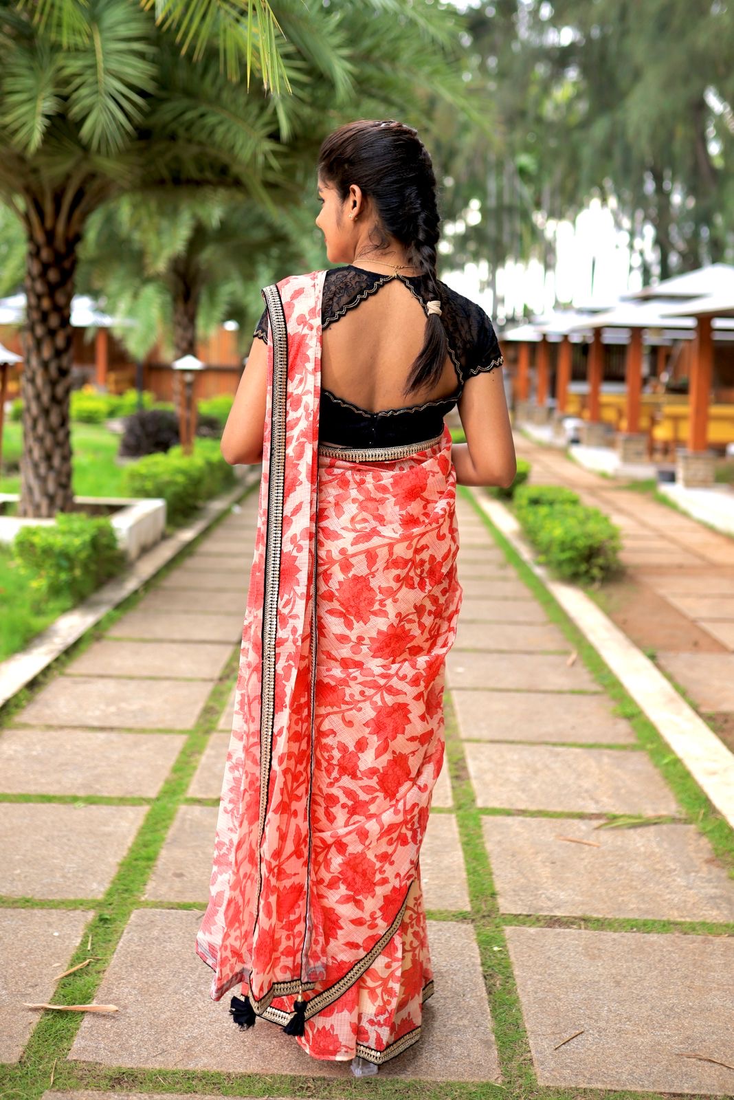 Cream red kota doria designer saree