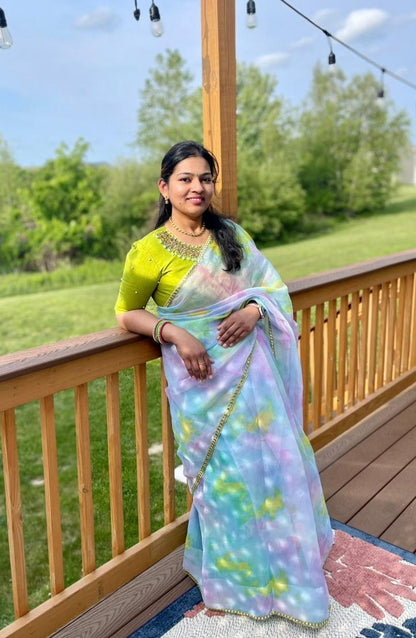 Green rainbow saree with hand work blouse