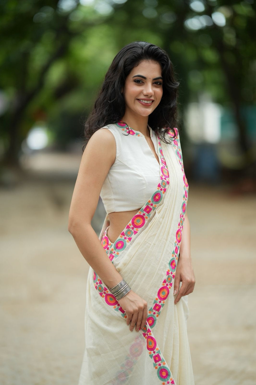 Cream cotton kota saree with embroidery work blouse