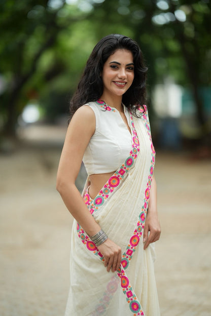 Cream cotton kota saree with embroidery work blouse