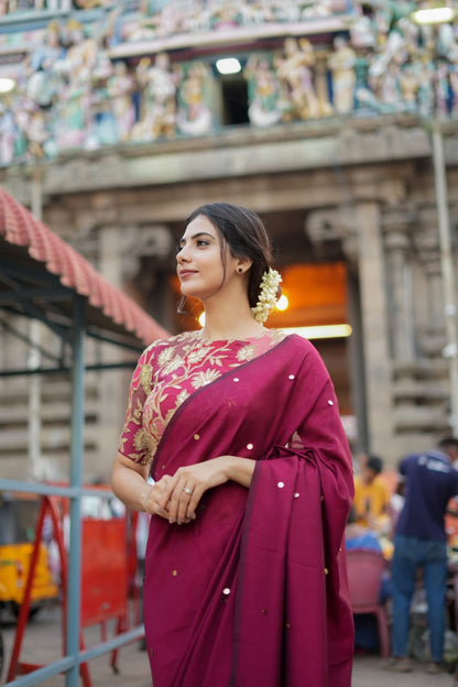 Maroon marble silk saree with embroidery blouse