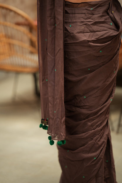 Dark brown mul chanderi with mirror blouse