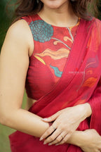 Maroon soft organza saree with kalamkari blouse