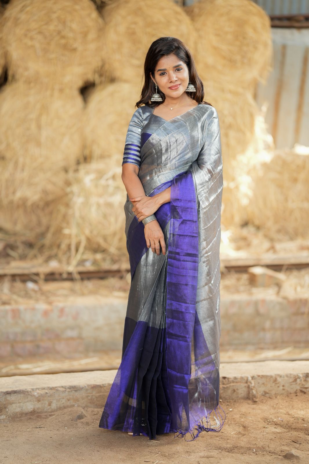Silver grey blue soft tissue saree with handwork blouse
