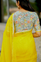 Yellow checked organza with floral cotton blouse