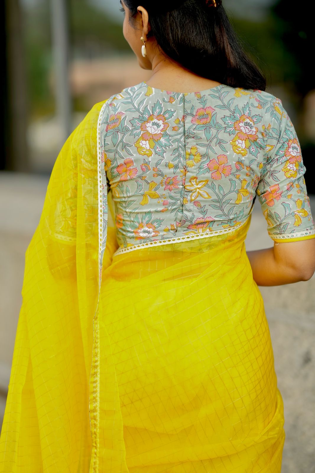 Yellow checked organza with floral cotton blouse