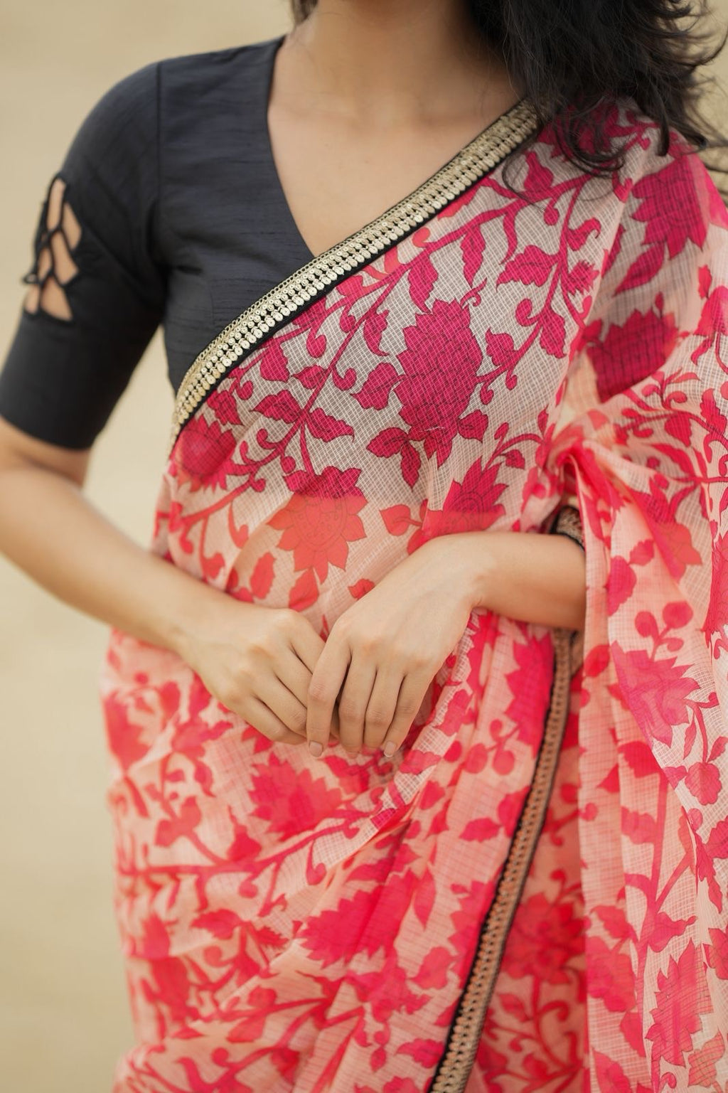 Cream red kota saree with silk hand work blouse