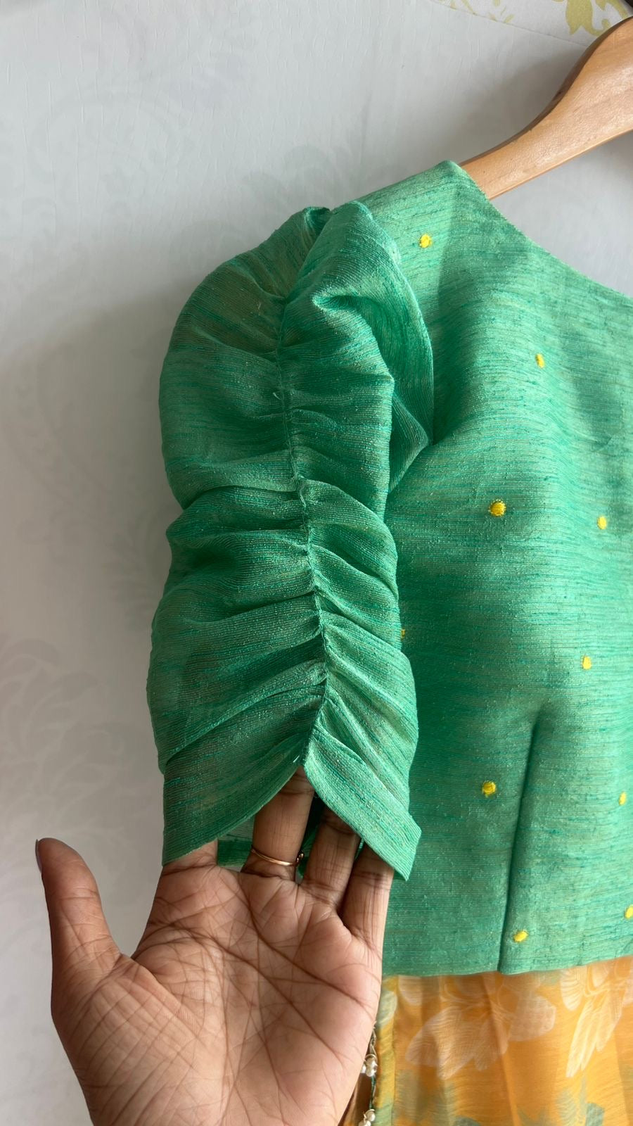 Green tissue floral hand work blouse (only blouse)