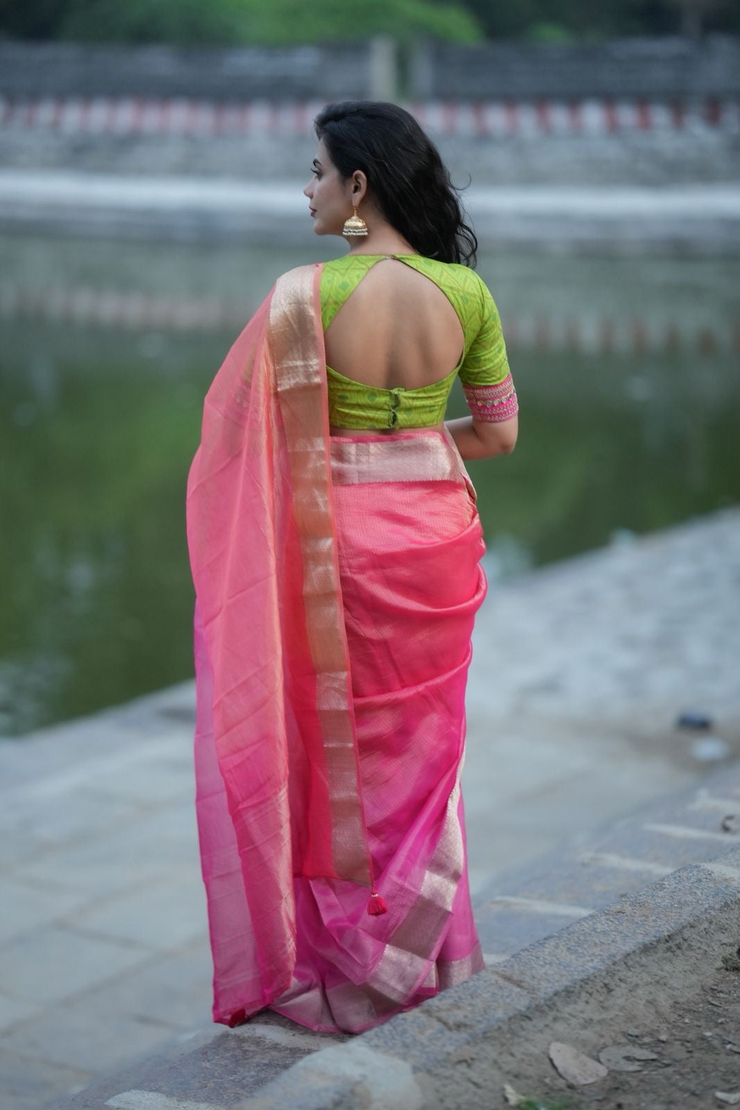 Parrot ikkat silk hand work blouse (Only blouse)