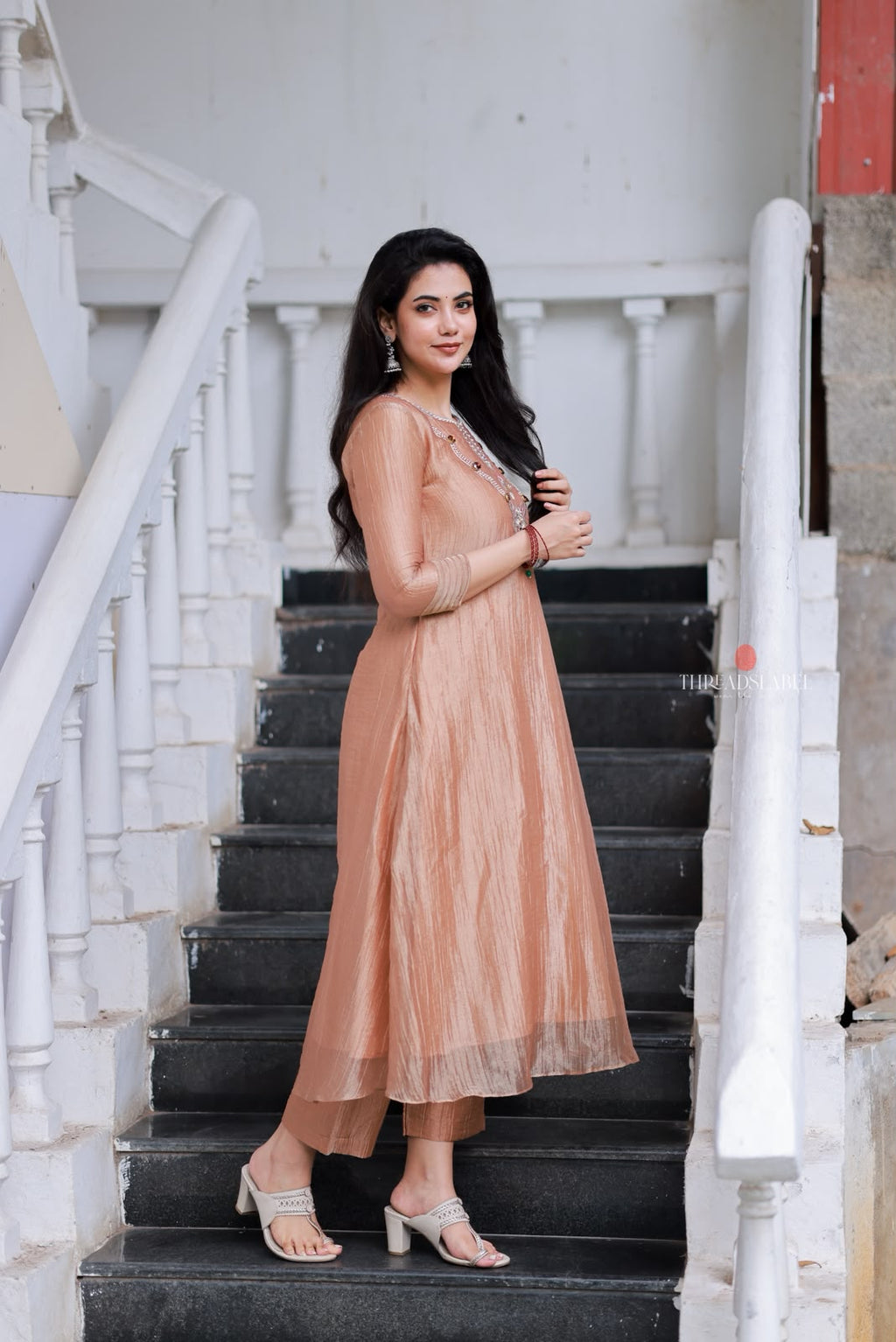 Peach tissue JEWEL NECK kurti