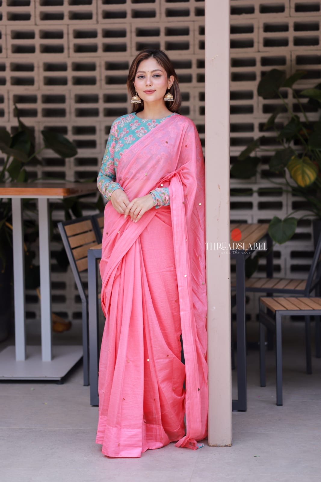Baby pink mul chanderi saree with floral blouse