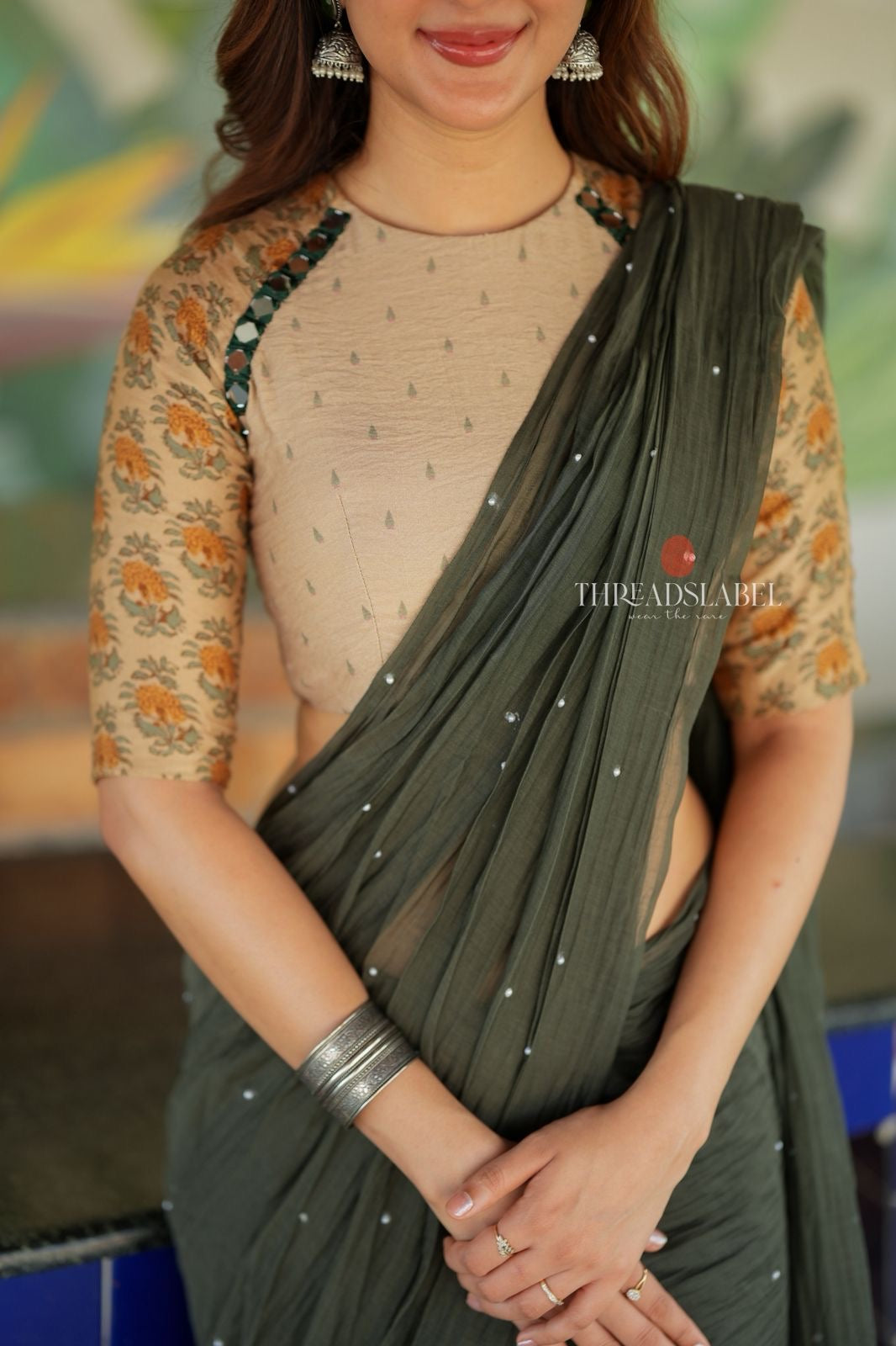 Bottle green mul chanderi saree with mirror work blouse