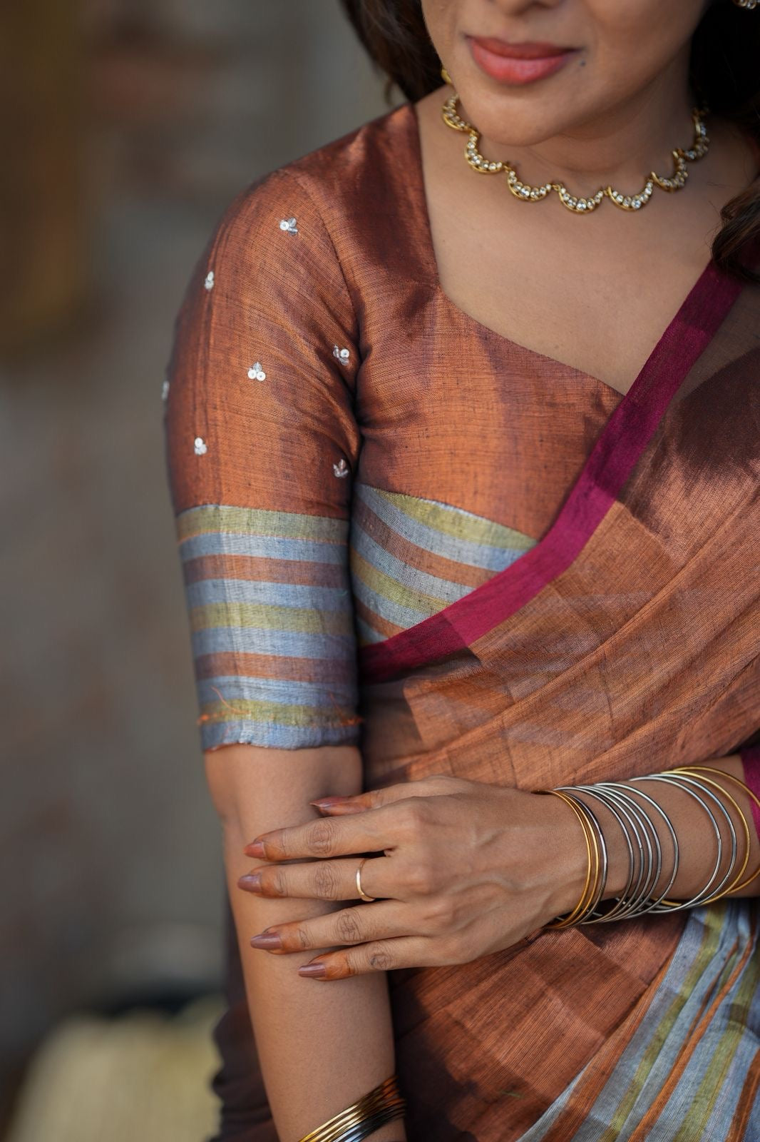 Copper soft tissue saree with handwork blouse