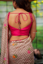 Brown checked mul cotton saree with hand work blouse