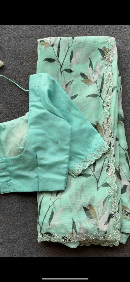 Cyon blue chiffon saree with hand work blouse
