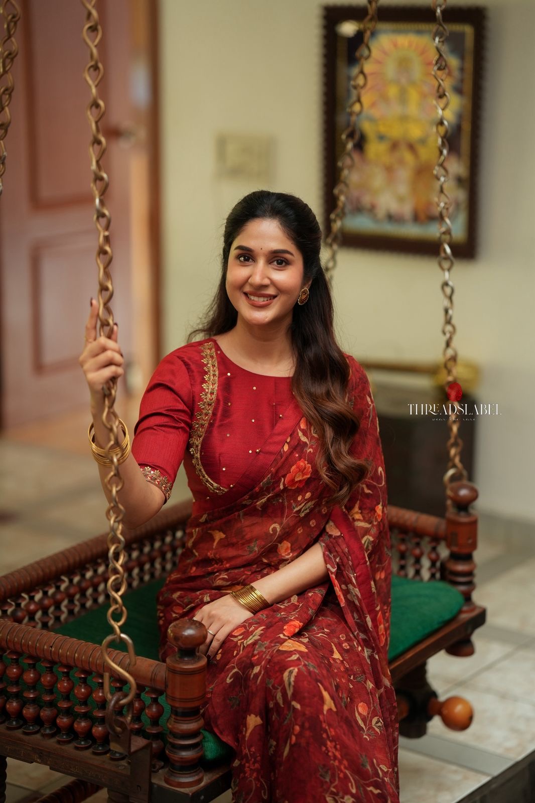 Maroon chiffon floral saree with hand work blouse