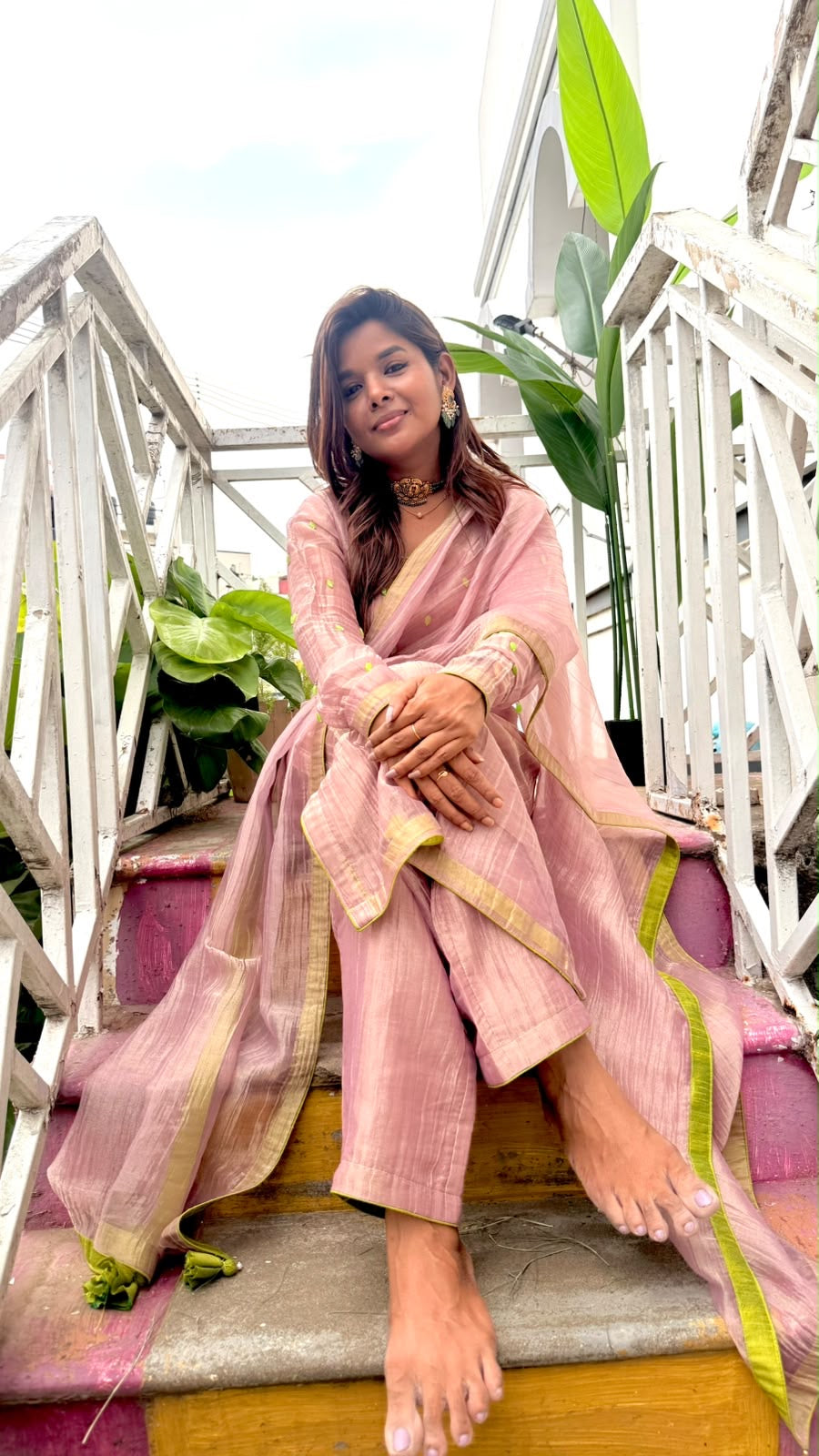 Pink tissue embroidery salwar