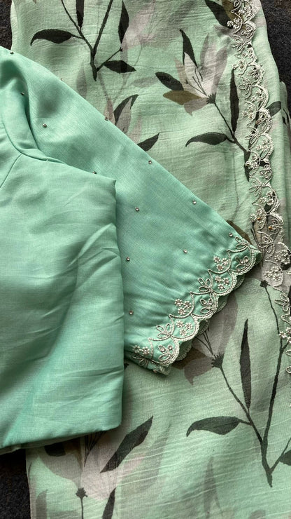 Cyon blue chiffon saree with hand work blouse
