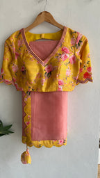 Peach organza saree with yellow floral hand work blouse