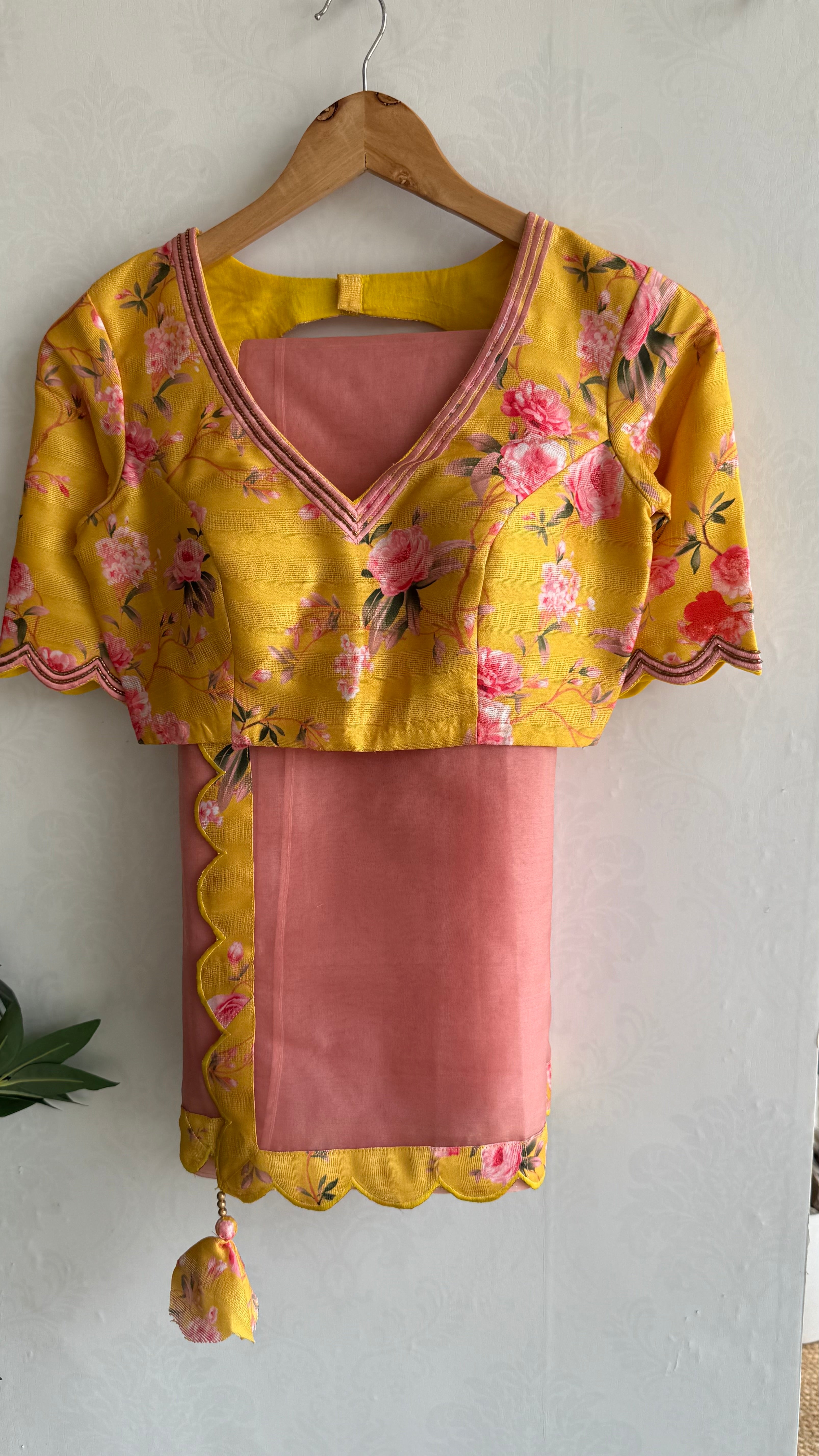 Peach organza saree with yellow floral hand work blouse