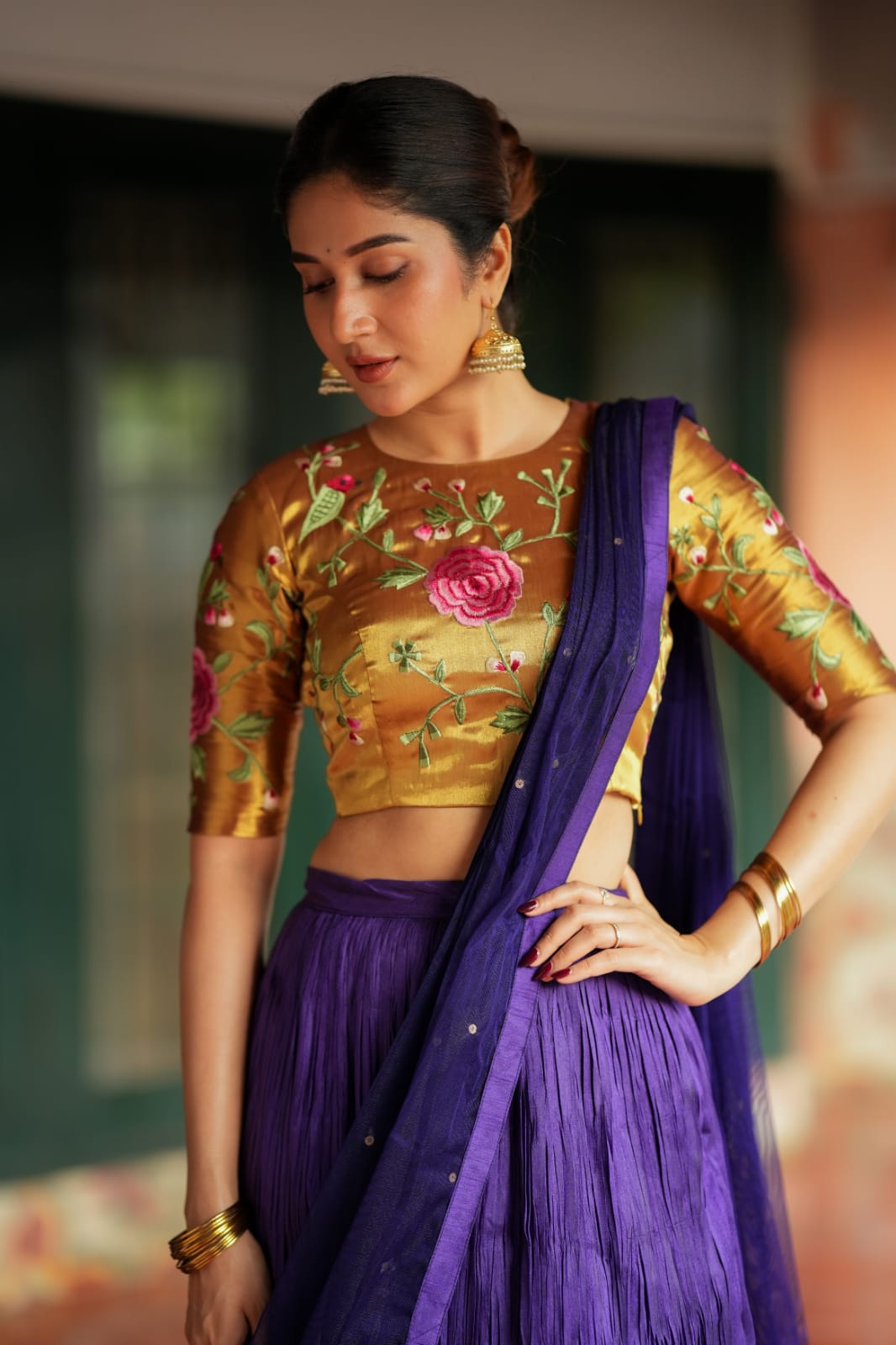 Purple gold embroidery lehenga