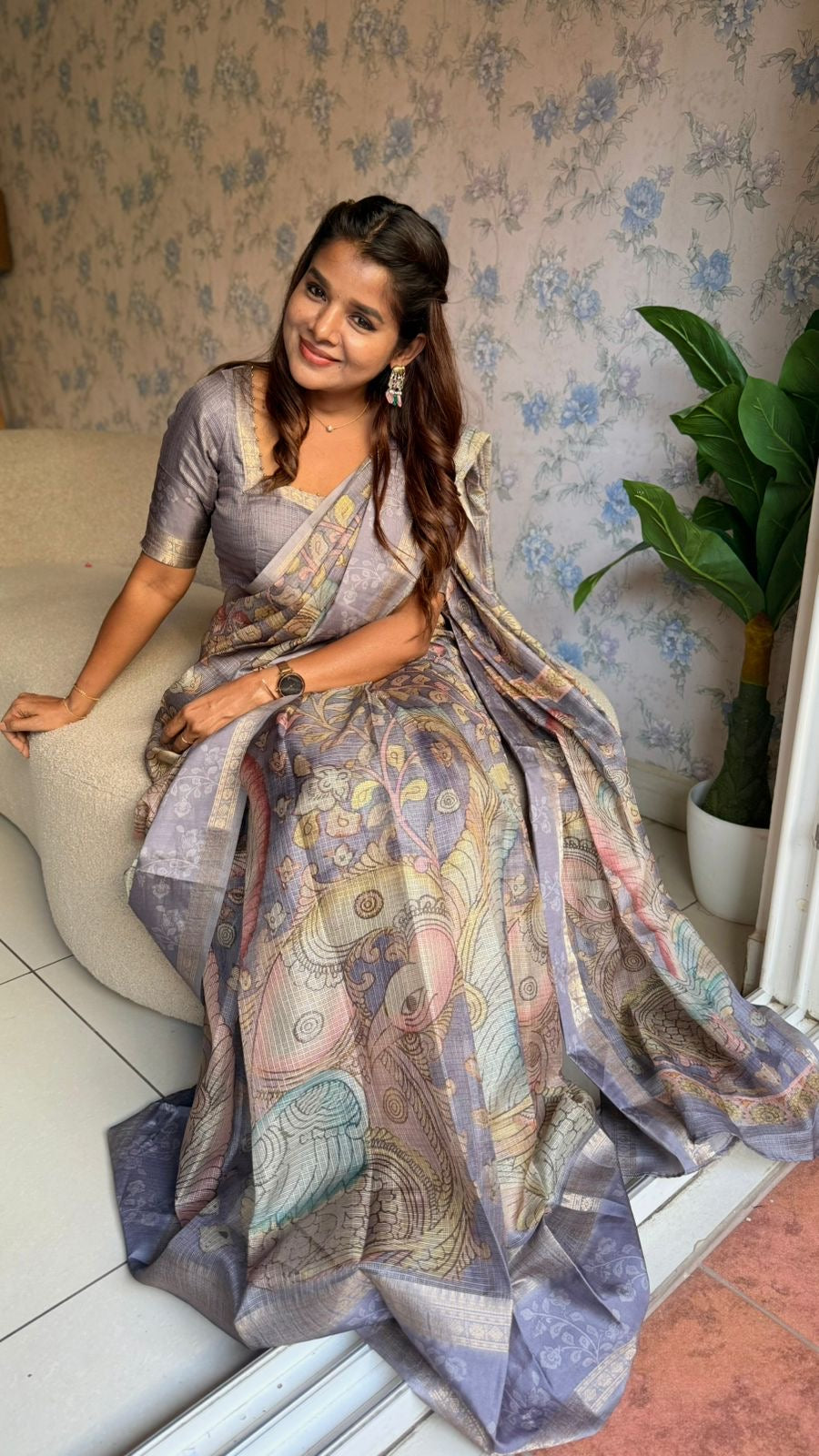 Smokey grey linen cotton kalamkari saree with pearl work blouse