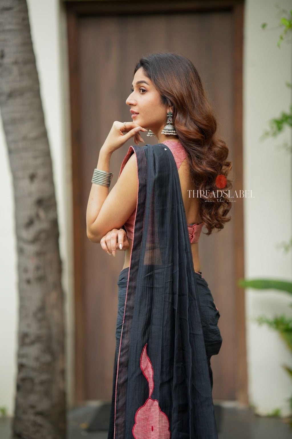 Black mul chanderi saree with pink embroidery blouse