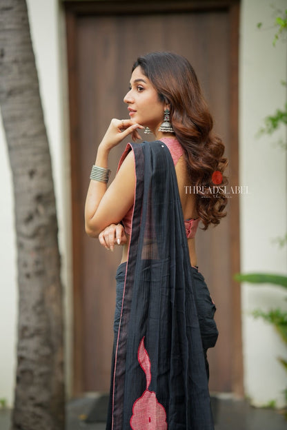 Black mul chanderi saree with pink embroidery blouse
