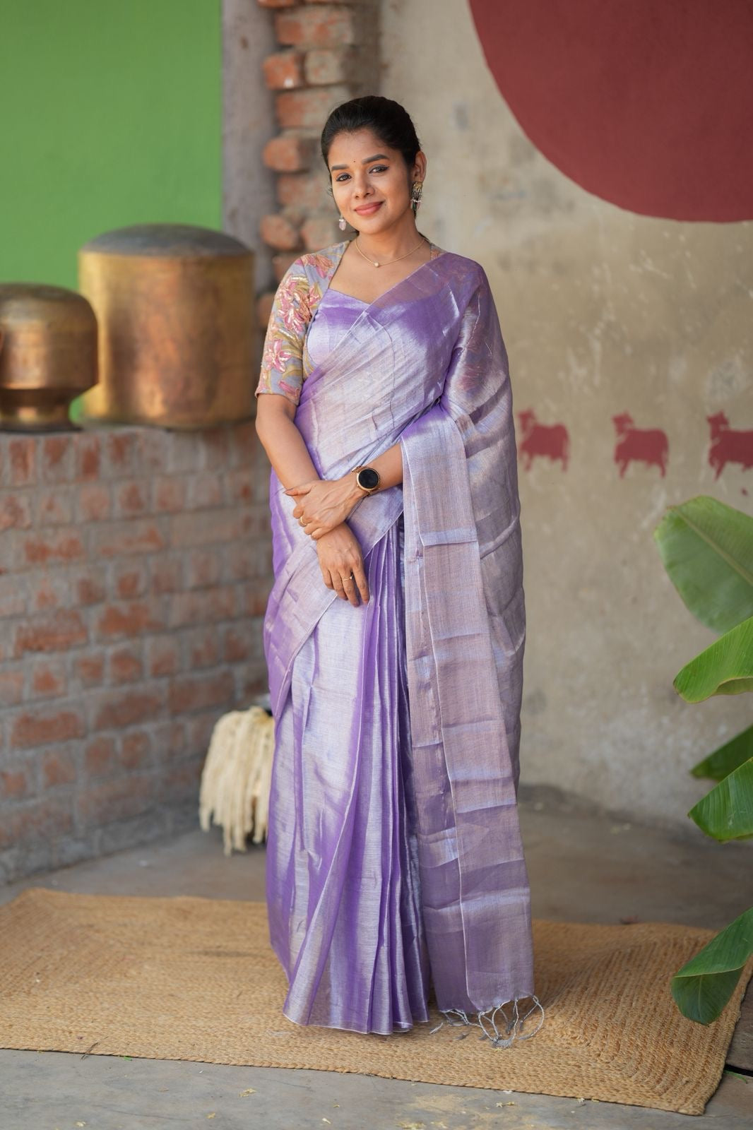 Lavender soft tissue saree with embroidered blouse