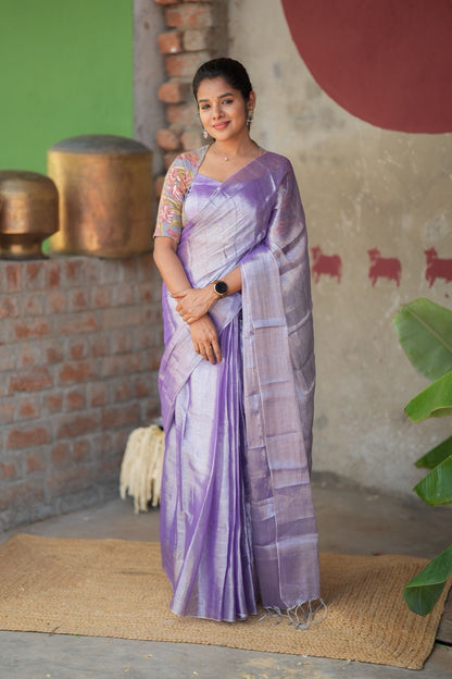 Lavender soft tissue saree with embroidered blouse