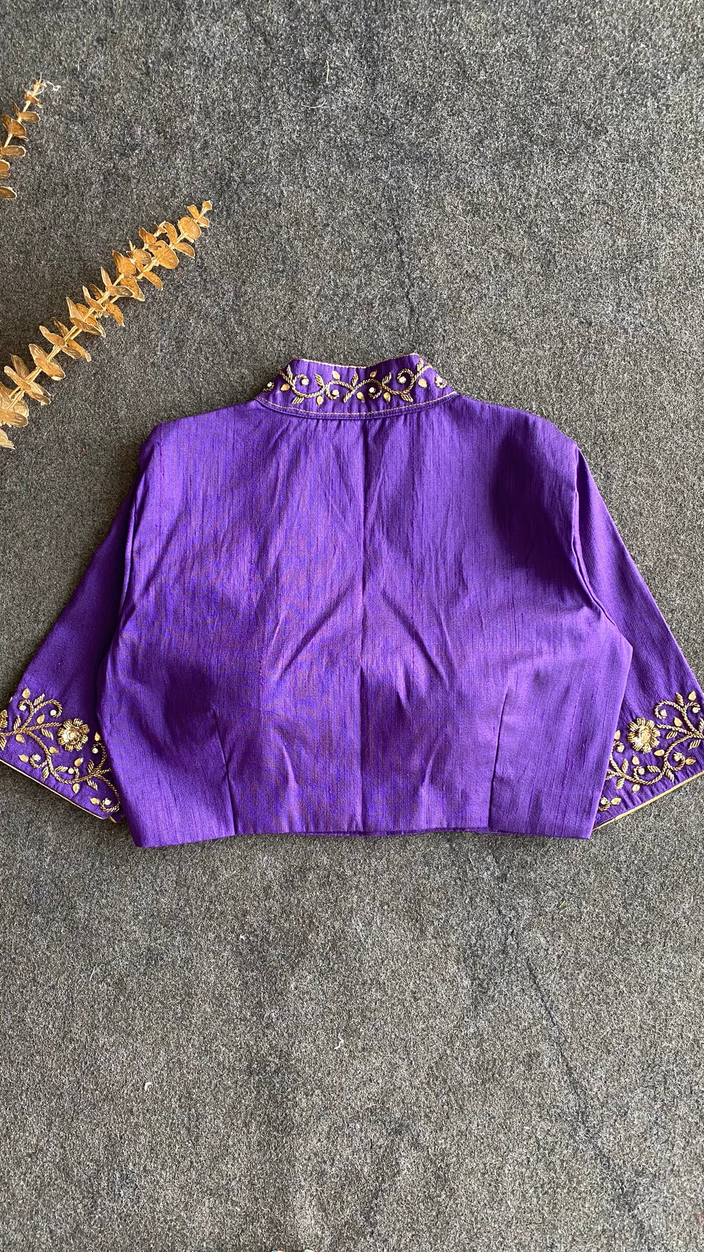 Purple silk collar & sleeves hand worked blouse
