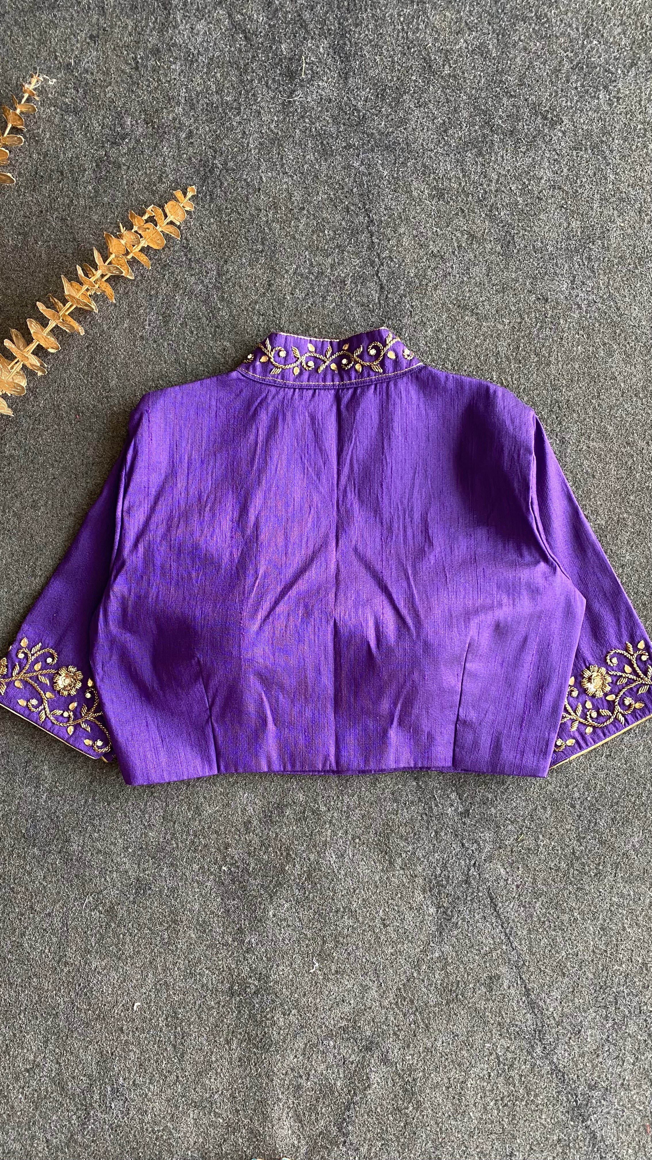 Purple silk collar & sleeves hand worked blouse