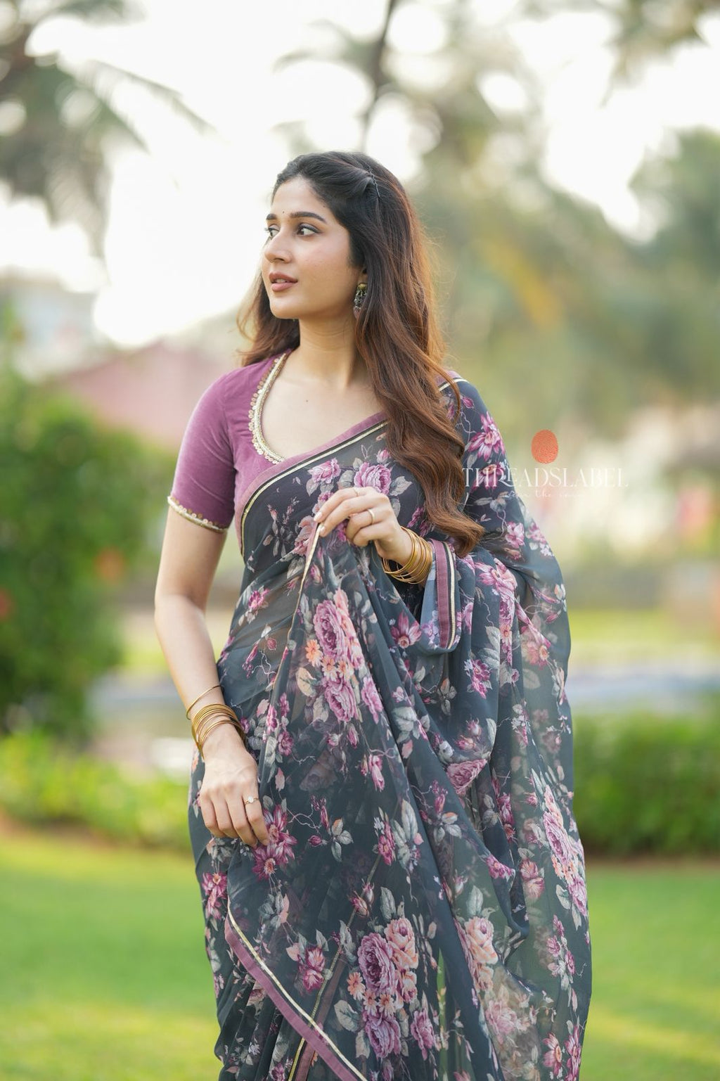 Grey georgette floral print saree (only saree)