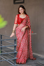 Red cotton kota saree with hand work blouse