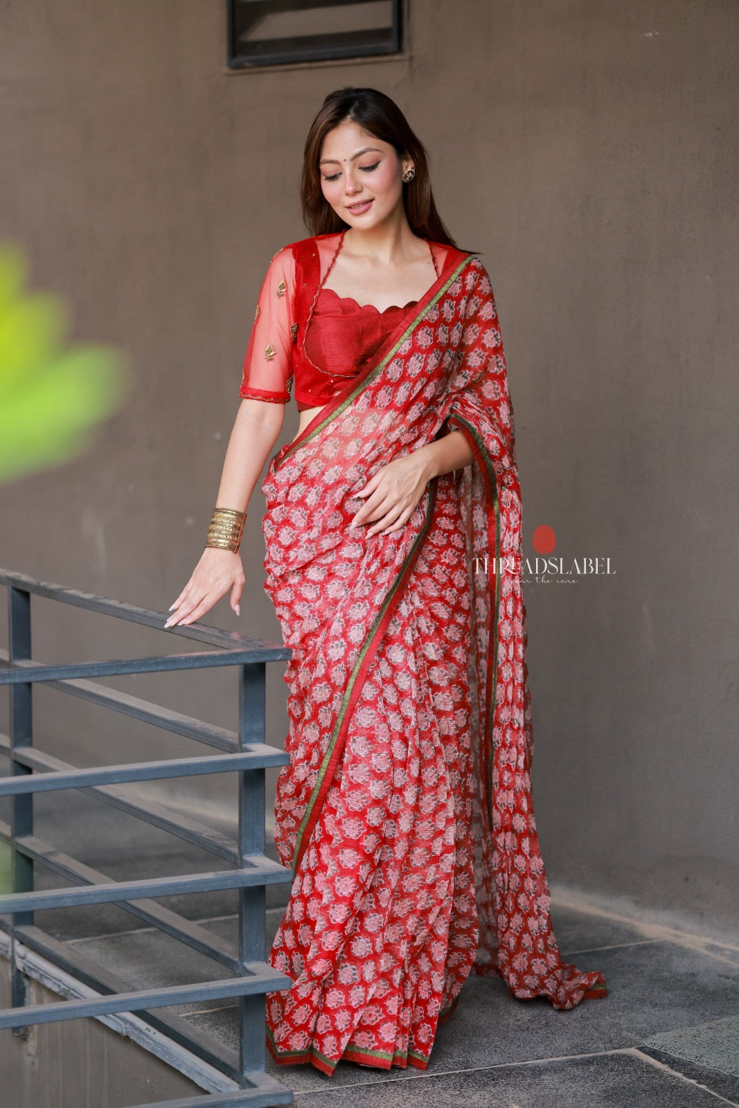 Red cotton kota saree with hand work blouse