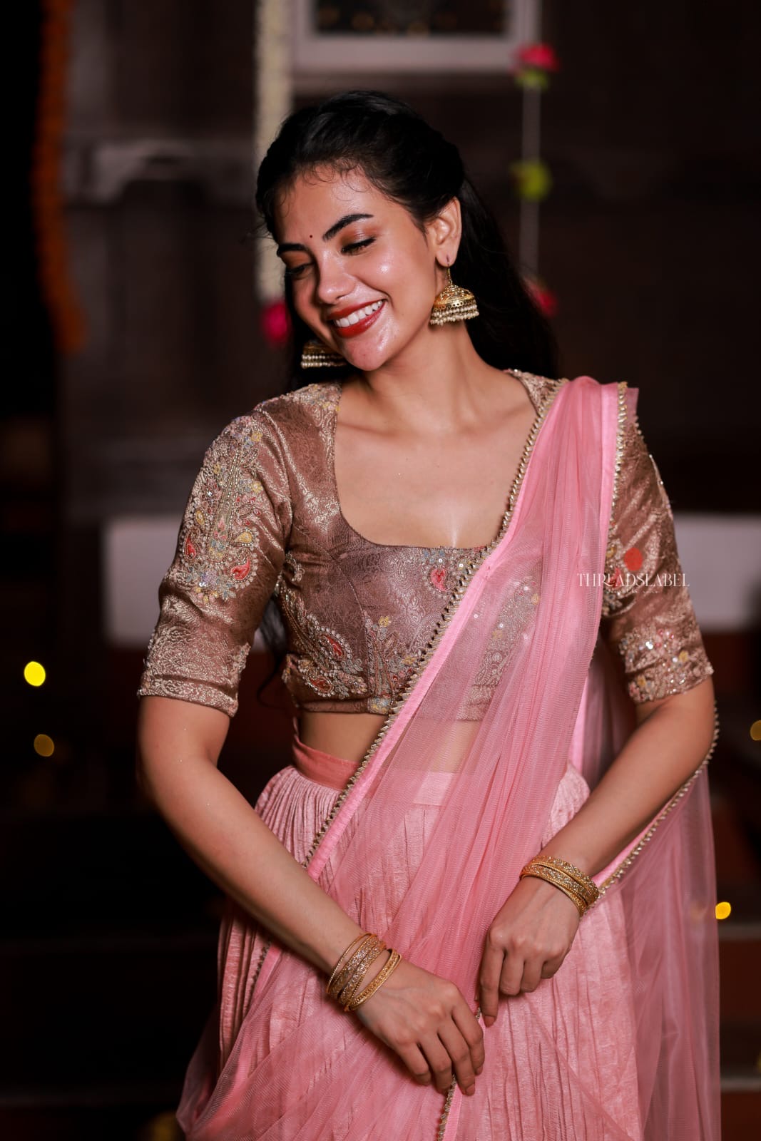 Pink marble silk lehenga with handwork blouse