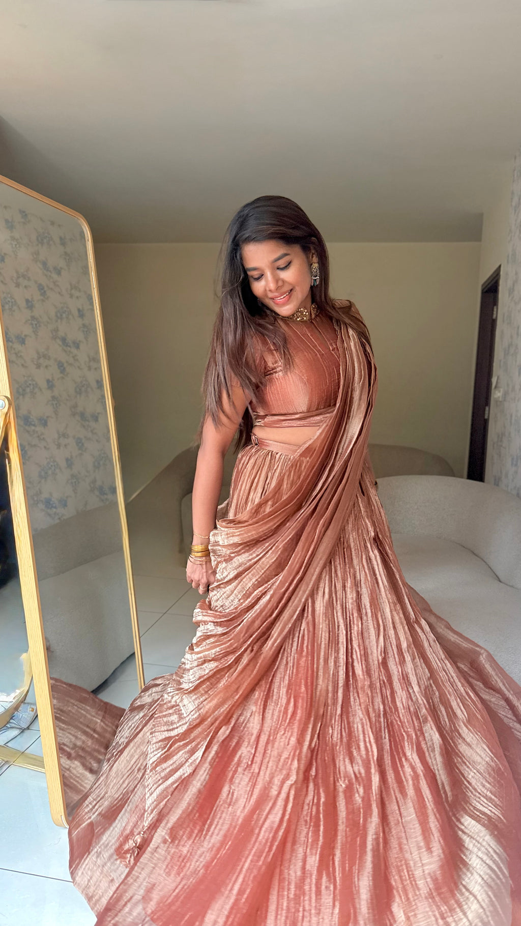 Copper tissue hand work lehenga