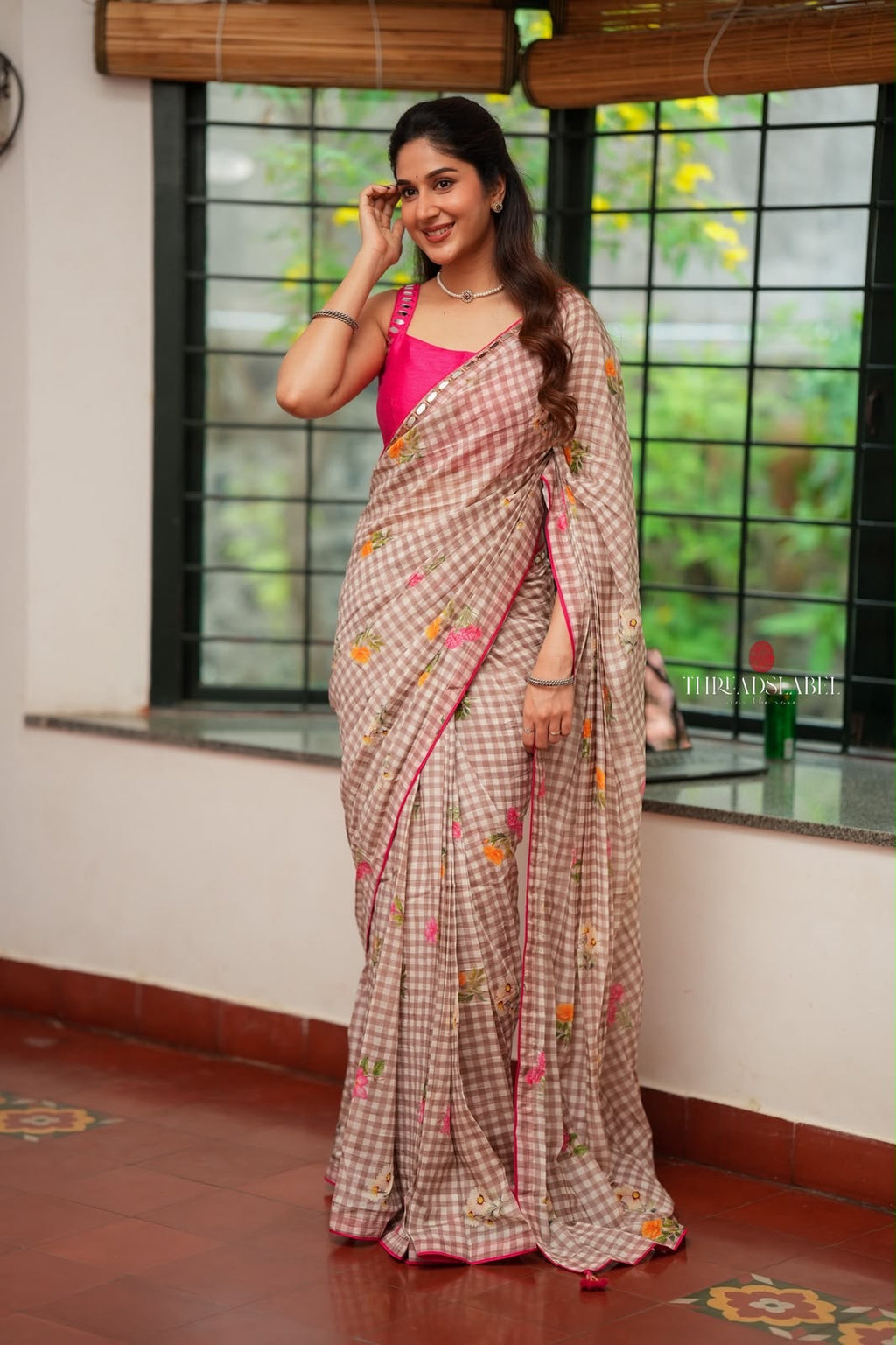 Brown checked mul cotton saree with hand work blouse