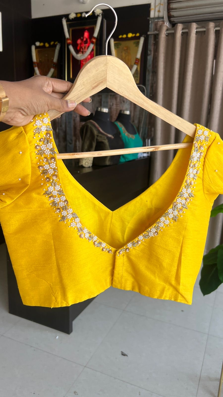 Yellow viscose floral saree with hand worked blouse