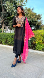 Black silk embroidery 3 piece kurti suit