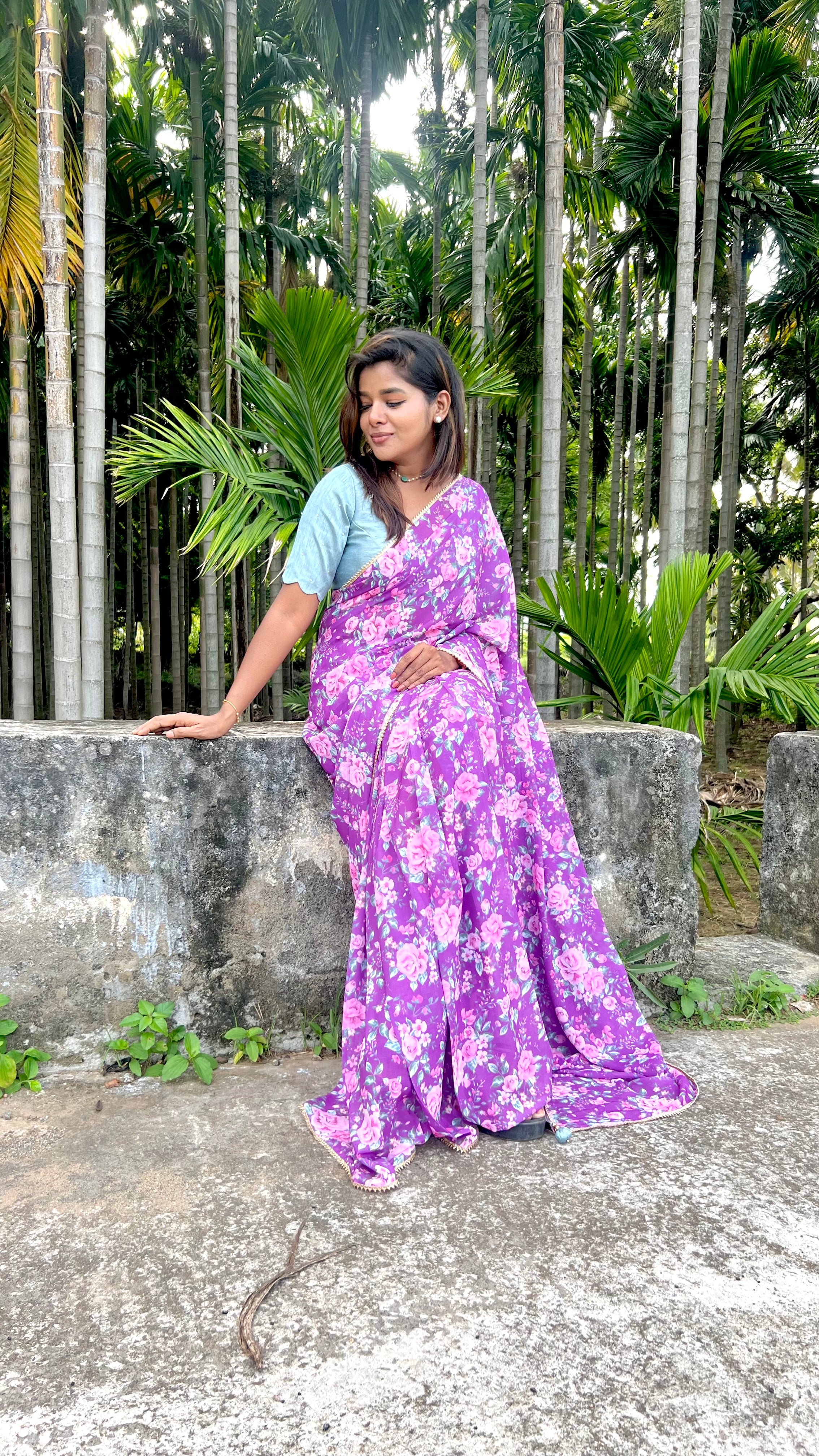 Purple floral georgette saree with hand worked blouse