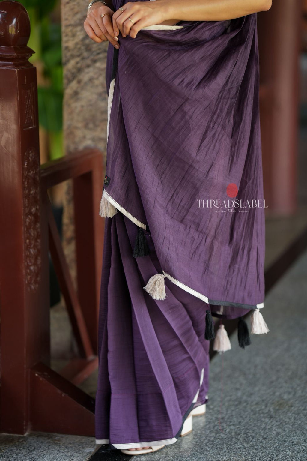 Deep purple mul cotton saree with hand block print blouse