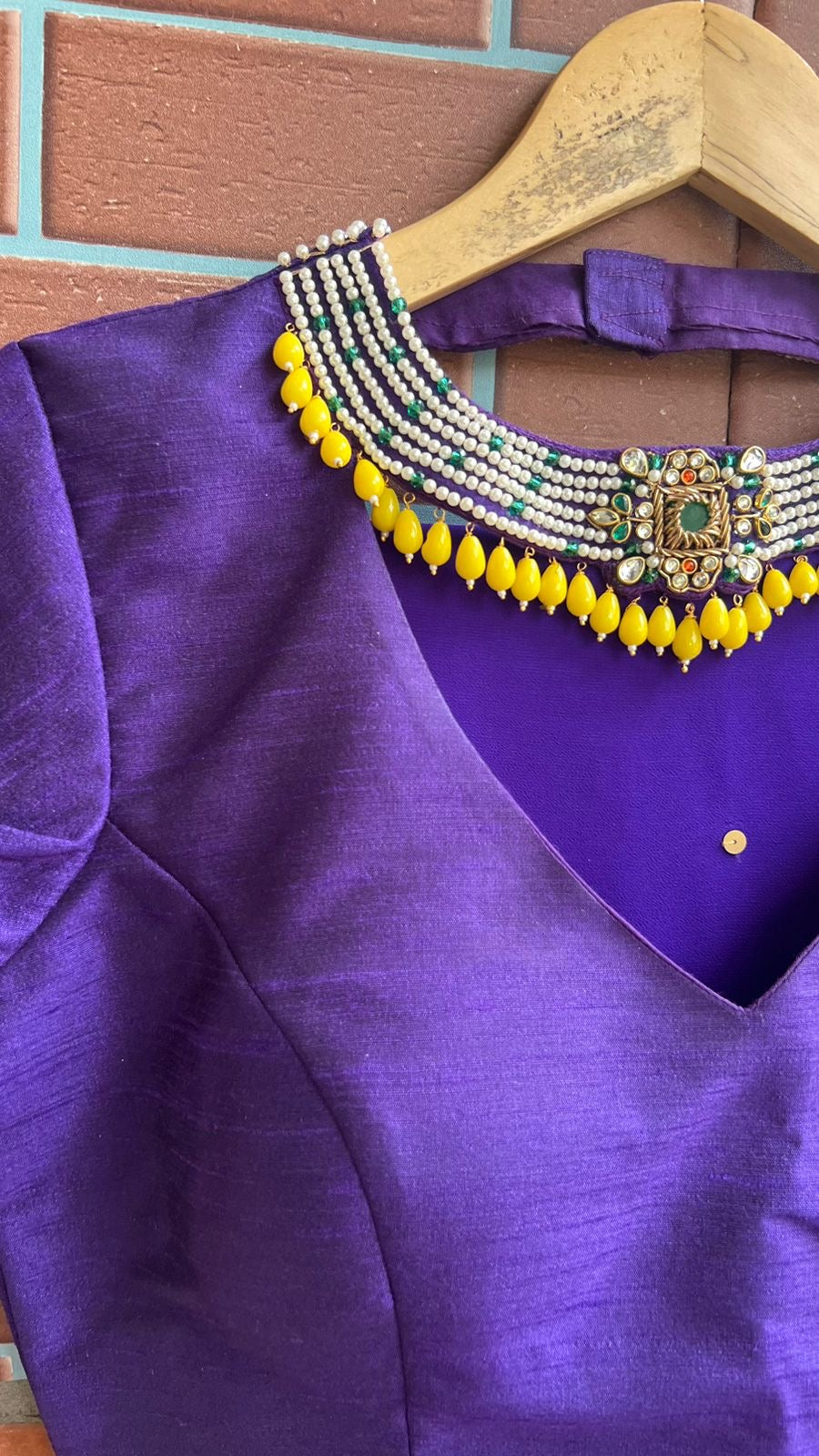 purple jewel neck hand worked blouse