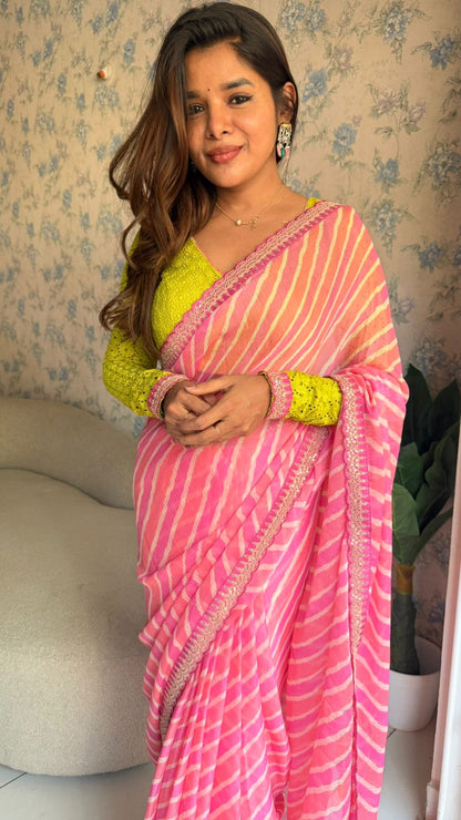 Pink lehariya saree with green hakoba embroidery blouse