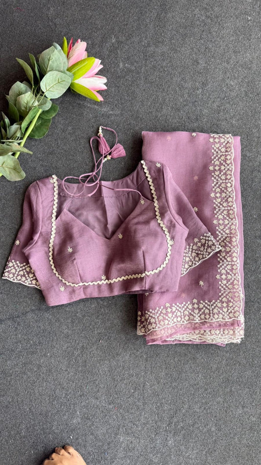 Lavender tissue saree with tissue embroidery blouse