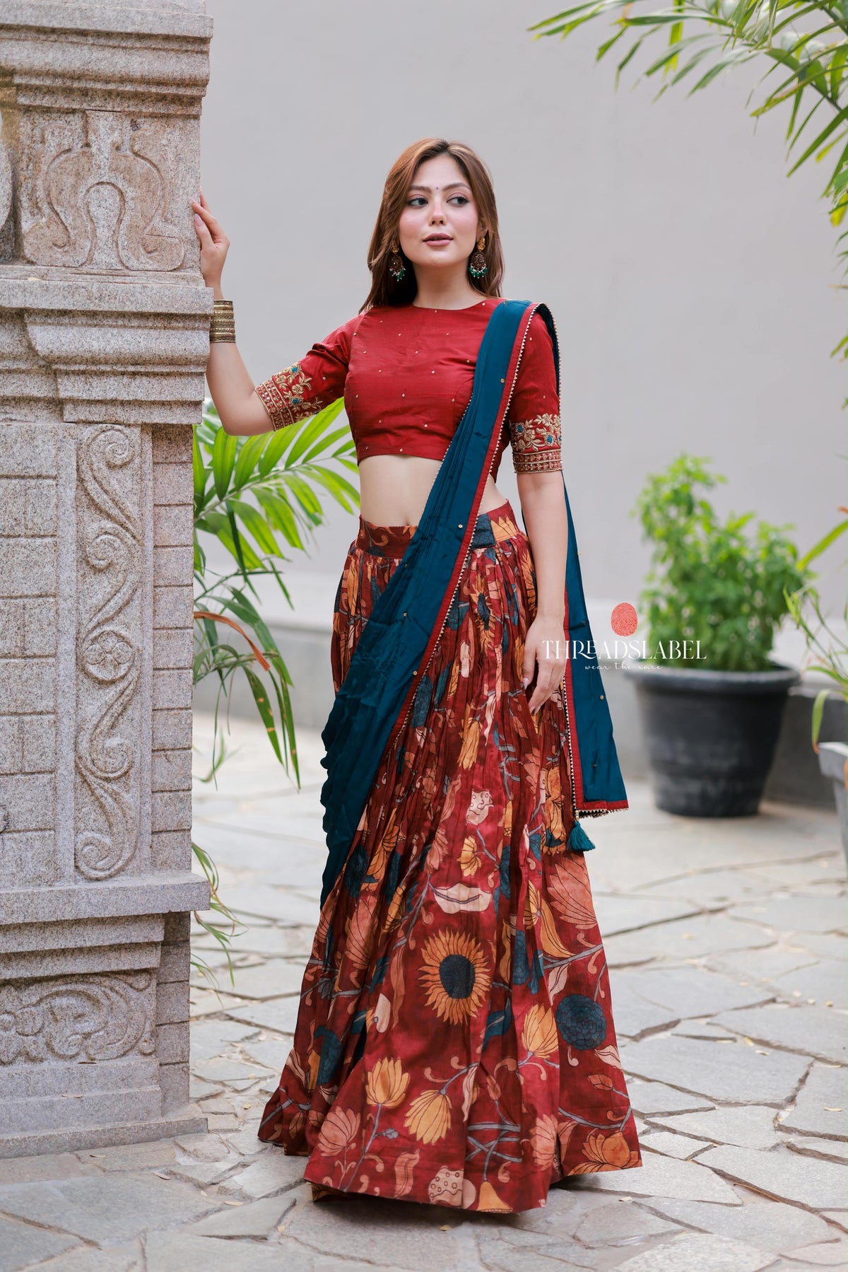 Maroon kalamkari handwork lehenga