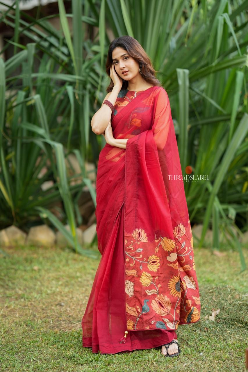Maroon soft organza saree with kalamkari blouse