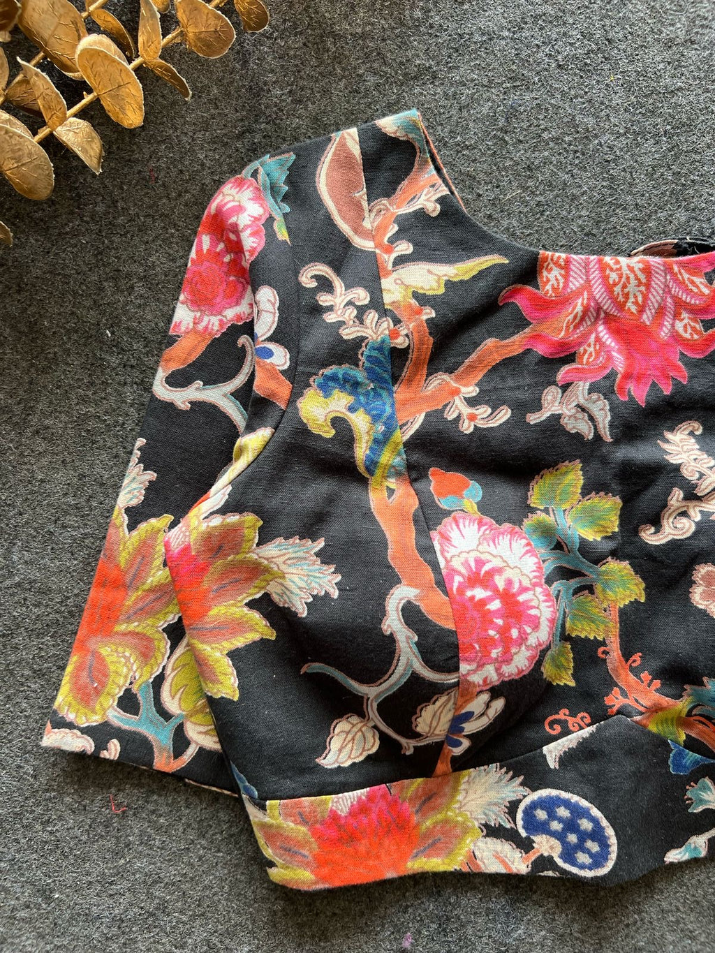 Black floral printed cotton blouse