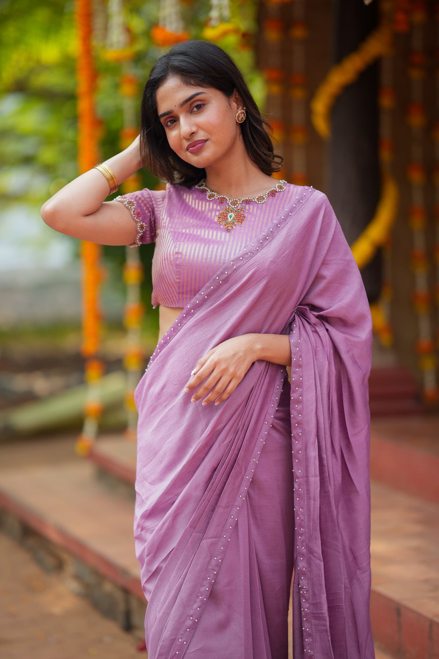 Lavender marble saree with Jewel neck handwork blouse