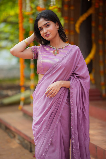 Lavender marble saree with Jewel neck handwork blouse